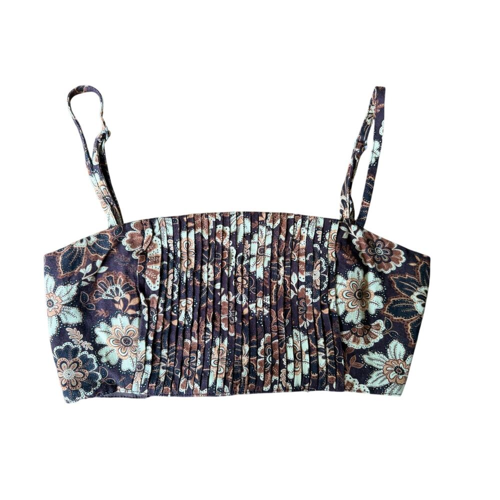 Rhythm Womens XS Floral Crop Top Brown Pleated Cami Boho Y2K Festival Resort